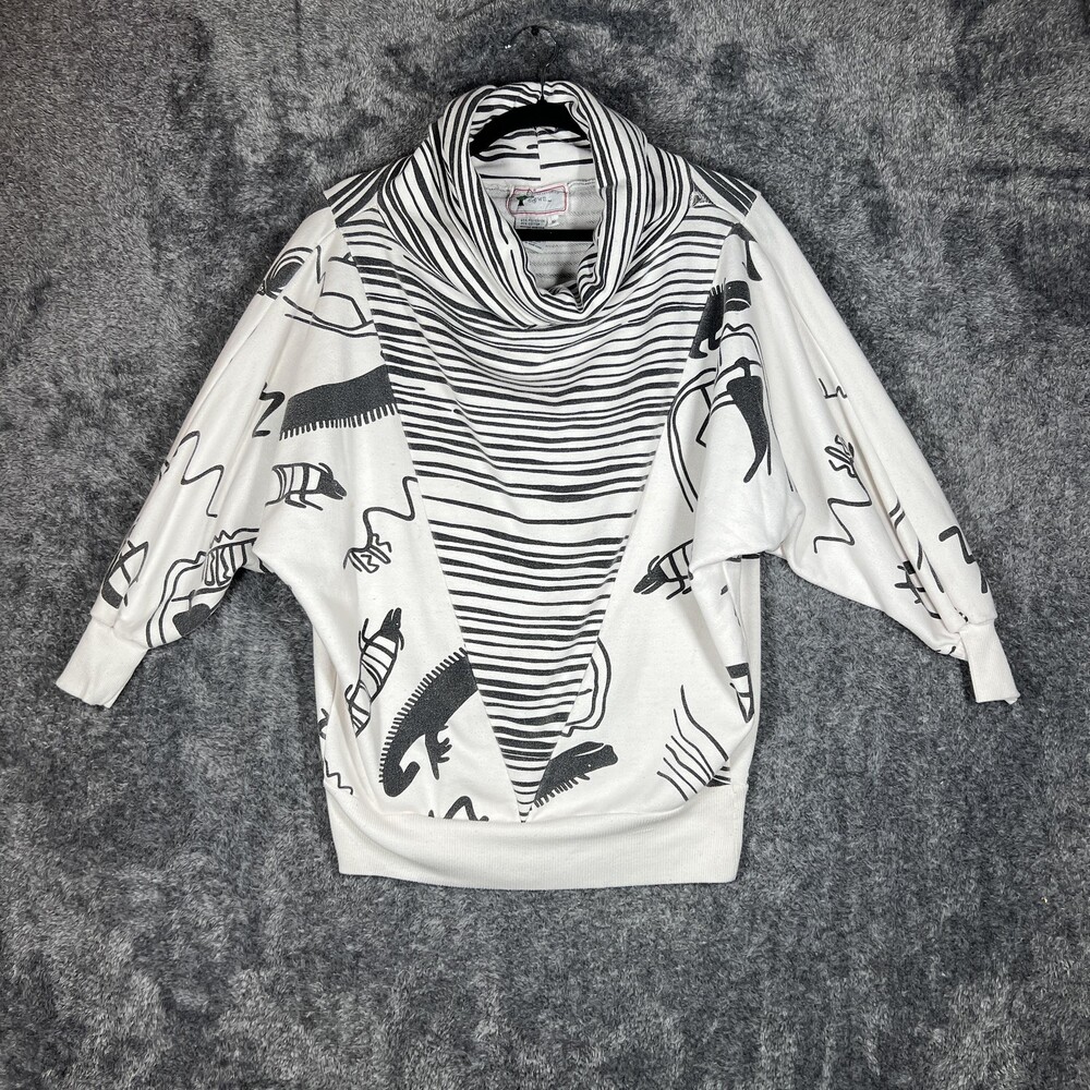 Organically Grown Sweatshirt Womens Small White Cowl Neck Pullover Striped Print